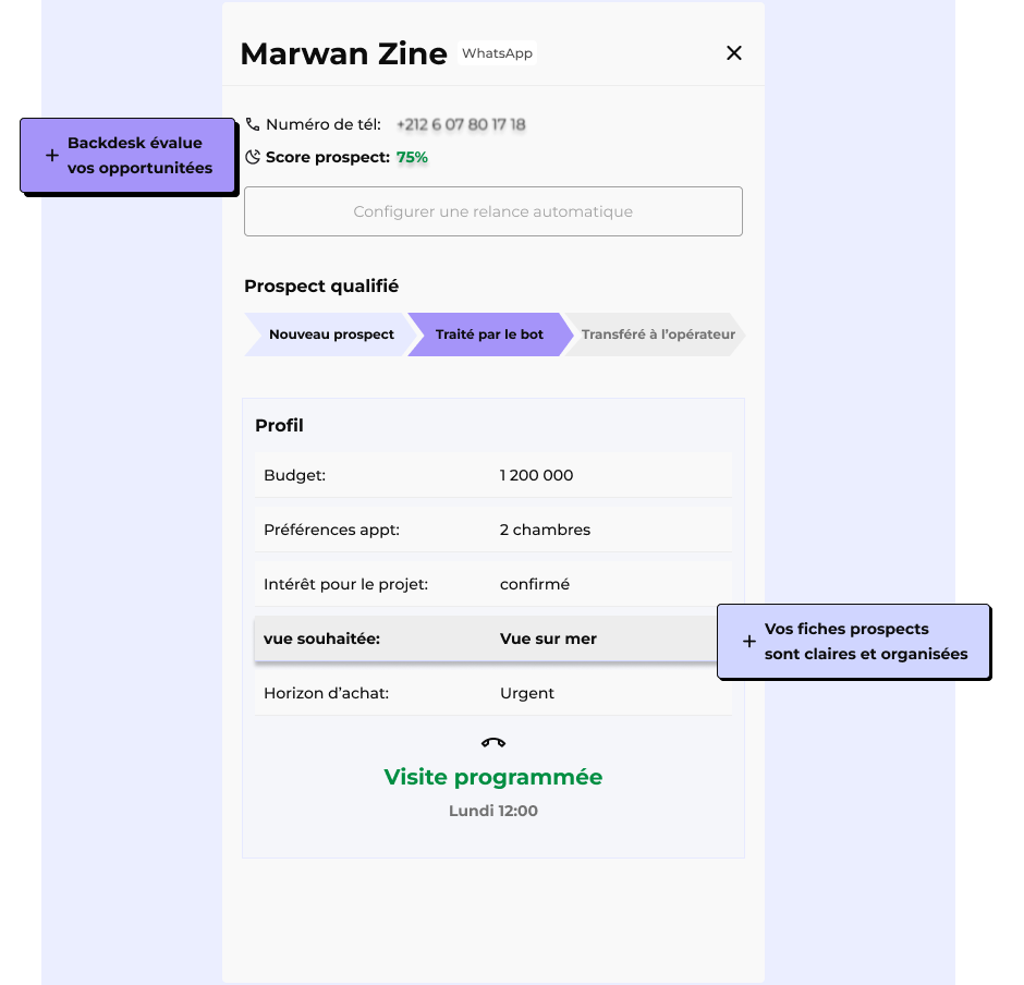Fiche prospect Backdesk - Qualification automatique via WhatsApp